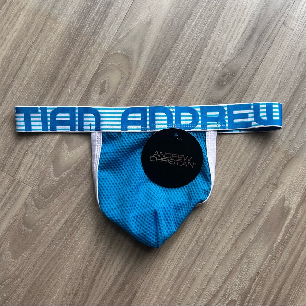 Andrew Christian | Vibrant Blue Mesh Y Back Thong with Almost Naked (Small)